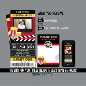 Movie Ticket Invitations Cinema Theater/Theatre Birthday Party + Thank You Card - Printable Digital Files - Mobile Text or Print Invite