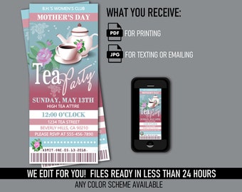 Tea Party Ticket Invitation - Printable Digital Files - Mobile Text or Print Invite - Church Event Fundraiser Bridal Baby Shower Brunch