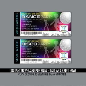 Dance 70's Disco Ticket Uitnodigingen Verjaardagsfeestje - (Instant Download) Bewerkbare en afdrukbare PDF-bestanden - Gratis bedankkaart