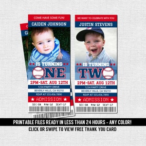 BASEBALL TICKET INVITATIONS First Birthday Party One Two All-Star Sports Any Color Personalized Printable Files Free Thank You Card image 1