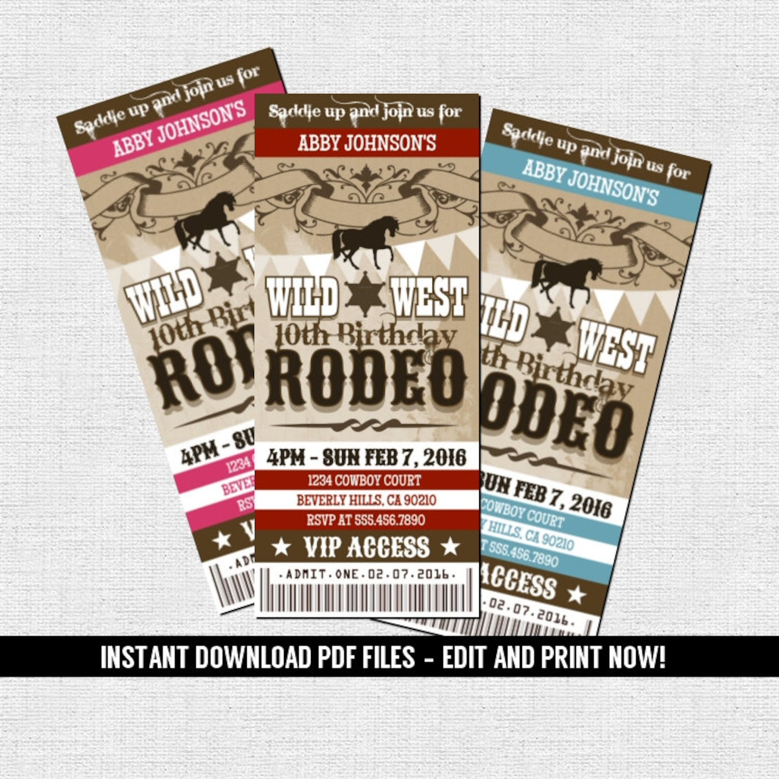 Western Rodeo Ticket Invitation Birthday Party Cowboy Cowgirl Etsy