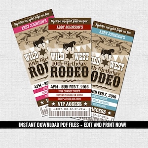 Western Rodeo Ticket Invitation Birthday Party Cowboy Cowgirl (Instant Download) Editable and Printable PDF Files - Wild West Red Blue Pink