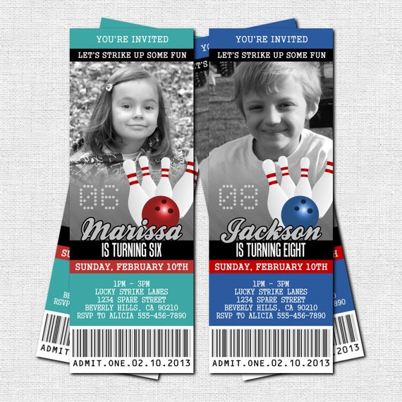 bowling ticket invitations birthday party print your own etsy