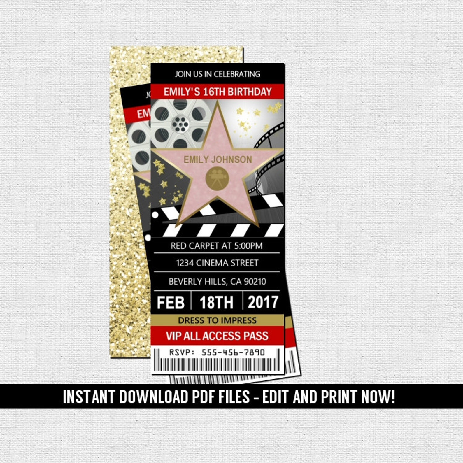 Hollywood Ticket Invitation Red Carpet Movie Birthday Party Etsy
