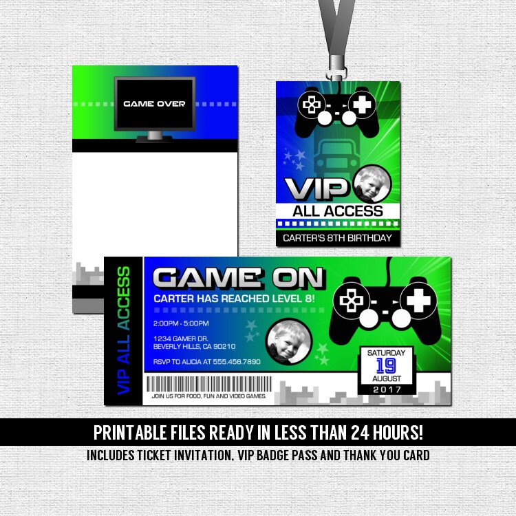 video game ticket invitations birthday party bonus thank you etsy