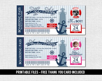 NAUTICAL BOARDING PASS Invitations + Thank You Card - Birthday or Baby Shower Invite (Printable Files) Cruise Ship Boat Ticket - Red or Pink