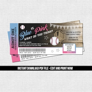 Baseball Gender Reveal Ticket Invitation Baby Shower Party (Instant Download) Editable Printable PDF File