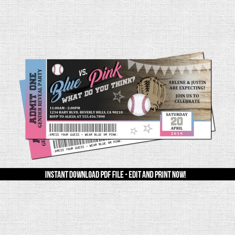 K&ouml;nnte beinhalten: Eine blaue und rosafarbene Gender Reveal Party-Einladung in Form eines Baseball-Tickets. Der Text lautet "Blau gegen Rosa Was denkst du?" und enth&auml;lt das Datum und die Uhrzeit der Veranstaltung. Die Einladung enth&auml;lt auch die Namen der werdenden Eltern, Arlene und Justin, und eine Bitte, sich ihnen anzuschlie&szlig;en, um zu feiern.