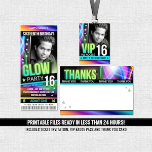 Glow Party Invitations Ticket Style Neon Birthday + Thank You Card and VIP Pass - (print your own) Printable Files - Glow in the Dark Dance