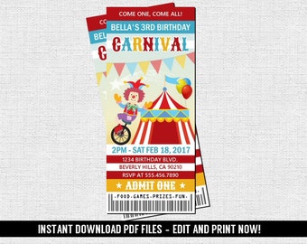 Carnival Ticket Invitation Birthday Party Circus Amusement Park (Instant Download) Editable and Printable PDF Files