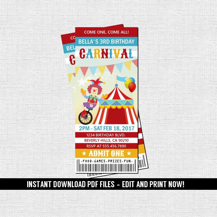 Carnival Ticket Invitation Birthday Party Circus Amusement Etsy