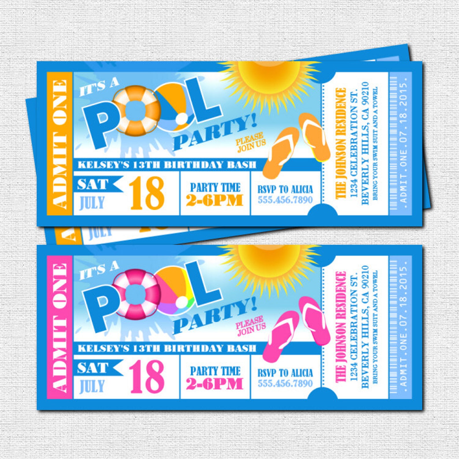 POOL PARTY Ticket Invitations Summer Celebration print Your Etsy