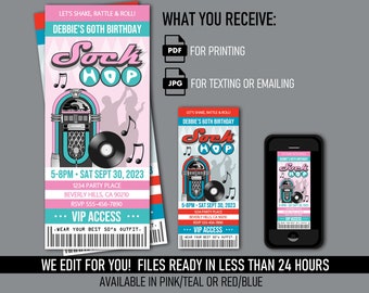 50's Ticket Invitation Retro Sock Hop Birthday Anniversary Party - Dance Fundraiser - Printable Digital Files - Mobile Text or Print