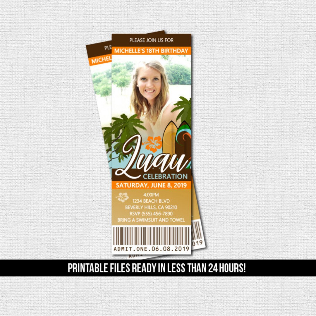 LUAU TICKET INVITATION Birthday Party printable Files Hawaiian Summer ...