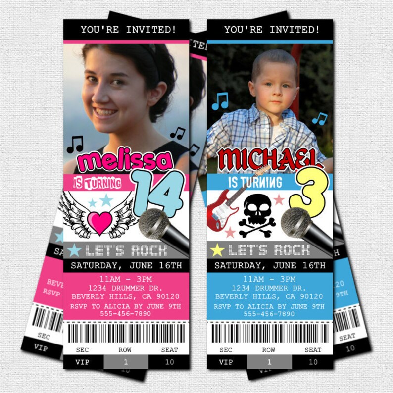 concert ticket inivitations rock star birthday party print etsy