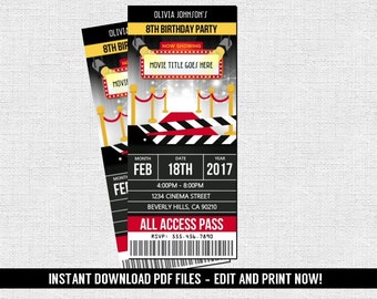 Movie Hollywood Ticket Invitations Birthday Party (Instant Download) Editable and Printable PDF Files -Theater Cinema Night Graduation