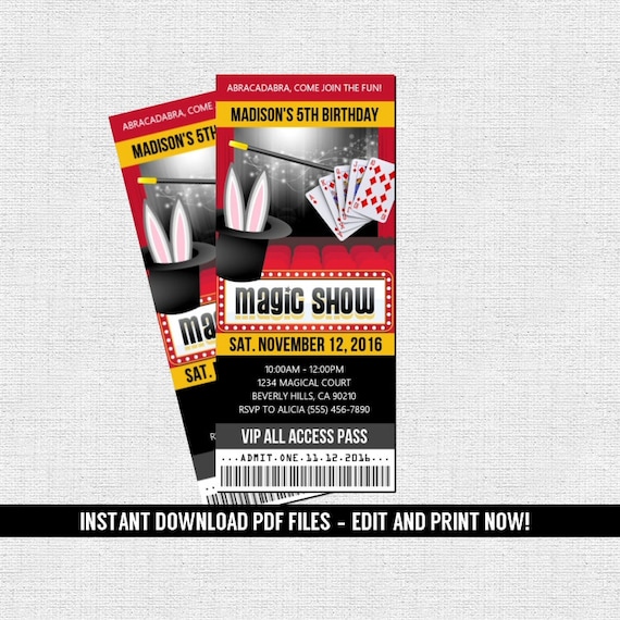 Magic Show Ticket Invitation Birthday Party (instant Download
