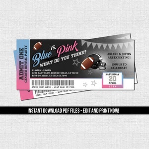Football Gender Reveal Ticket Invitation Baby Shower Party (Téléchargement immédiat) Fichier PDF imprimable modifiable