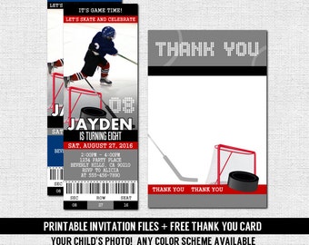 HOCKEY TICKET INVITATIONS Skate Birthday Party + Bonus Thank You Card (print your own) Personalized Printable Files - Any Color!