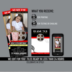 Movie Ticket Invitations Theater/Theatre Cinema Birthday Party + Thank You Card - Printable Digitial Files - Mobile Text or Print