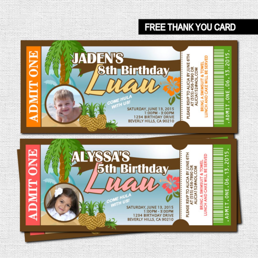 LUAU TICKET INVITATIONS Hawaiian Birthday Bonus Thank You Etsy