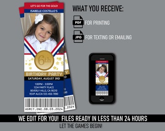 Gymnastics Party Ticket Invitation with Photo - Printable Digital Files - Mobile Text or Print Invite - Gold Medal Event - Red White Blue