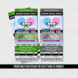 GENDER REVEAL TICKET Invitation Football Baby Shower Party Diaper Raffle print your own Personalized Printable Files Admit One image 1