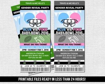 GENDER REVEAL TICKET Invitation Football Baby Shower Party + Diaper Raffle (print your own) Personalized Printable Files - Admit One