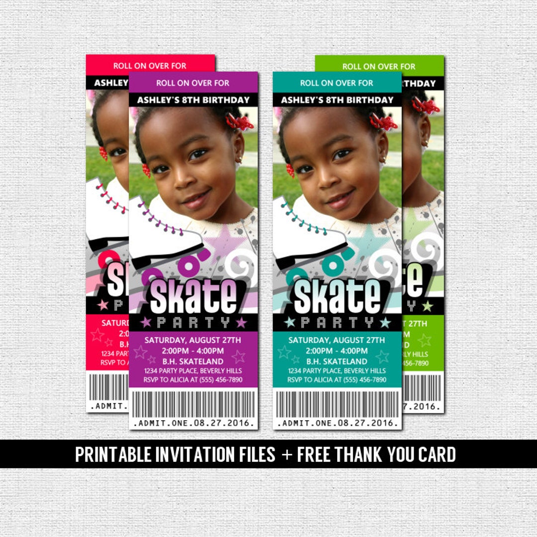 ROLLER SKATING TICKET Invitations Birthday Party Free Thank You Card ...