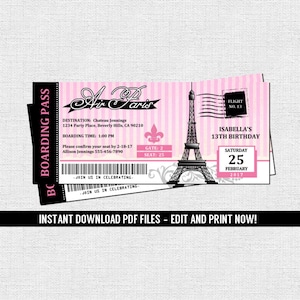 Paris Bordkarte Einladungen - Paris Geburtstag Party Ticket - (Sofort-Download) bearbeitbare und druckbare PDF-Dateien - Baby Bridal Shower