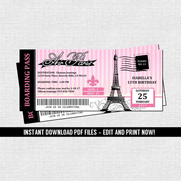 Paris Boarding Pass Invitations - Parisian Birthday Party Ticket - (Instant Download) Editable and Printable PDF Files-  Baby Bridal Shower