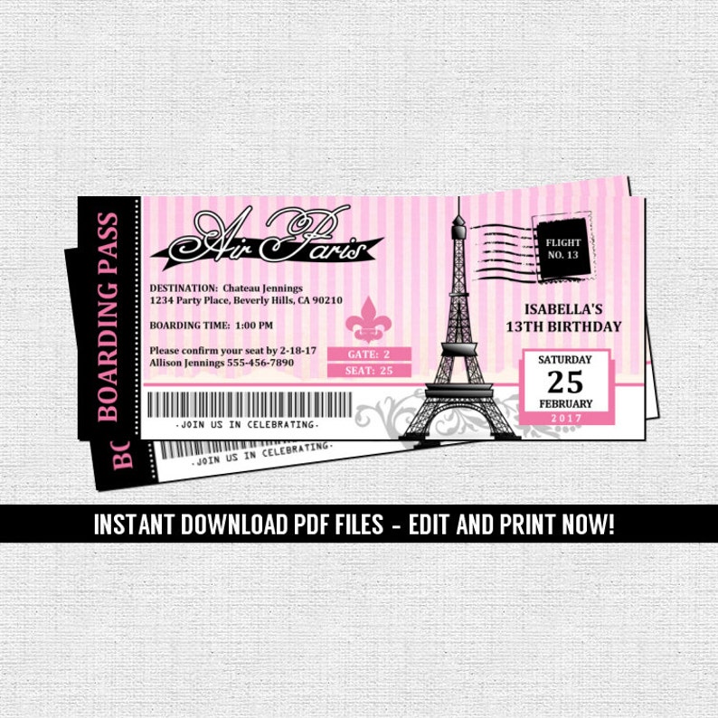 Paris Boarding Pass Invitations Parisian Birthday Party Etsy