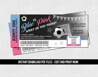 Fußball Gender Reveal Ticket Einladung Baby Shower Party (Instant Download) bearbeitbare druckbare PDF-Datei - Fußball