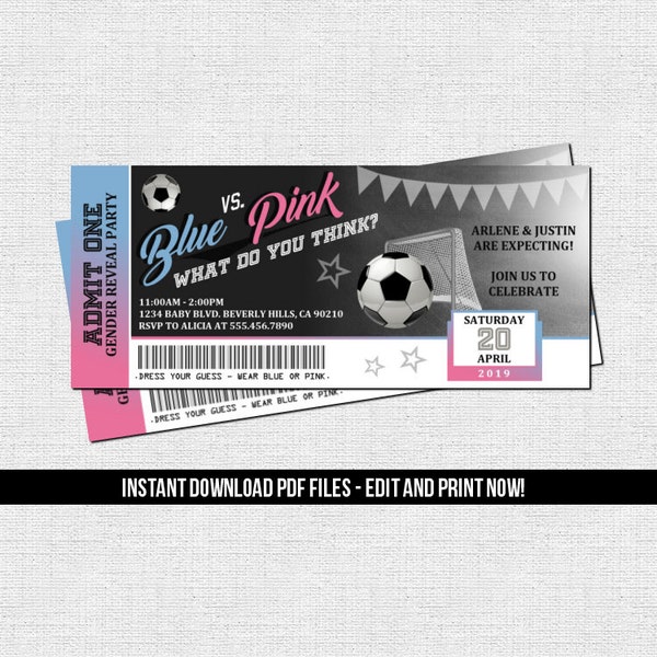 Soccer Gender Reveal Ticket Invitation Baby Shower Party (Instant Download) Editable Printable PDF File - Football