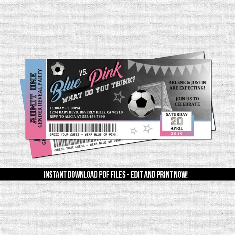Inbjudan till könsavslöjande biljett för fotboll, babyshowerfest (nedladdning direkt), redigerbar utskrivbar PDF-fil - Fotboll bild 1