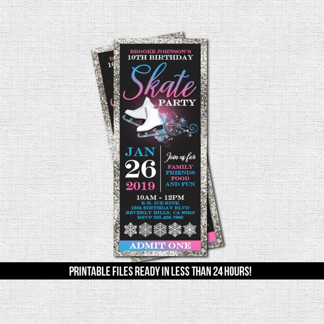 ICE SKATING TICKET Invitation Skate Birthday Party Silver Etsy