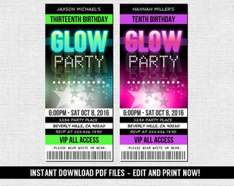 Glow Party Invitations - Ticket Style Neon Birthday Party - (Instant Download) Editable and Printable PDF Files