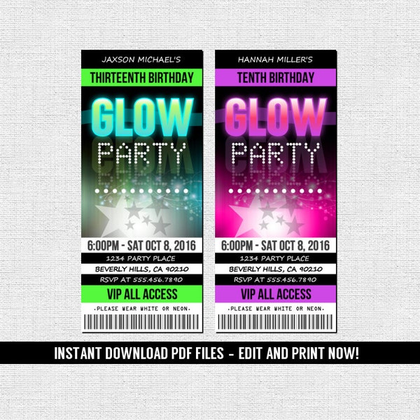 Glow Party Invitations - Ticket Style Neon Birthday Party - (Instant Download) Editable and Printable PDF Files