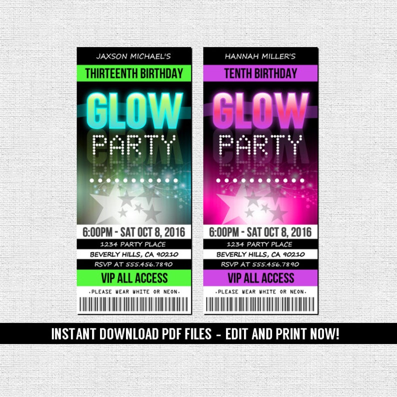 Glow Party Invitations Ticket Style Neon Birthday Party Instant Download Editable and Printable PDF Files image 1