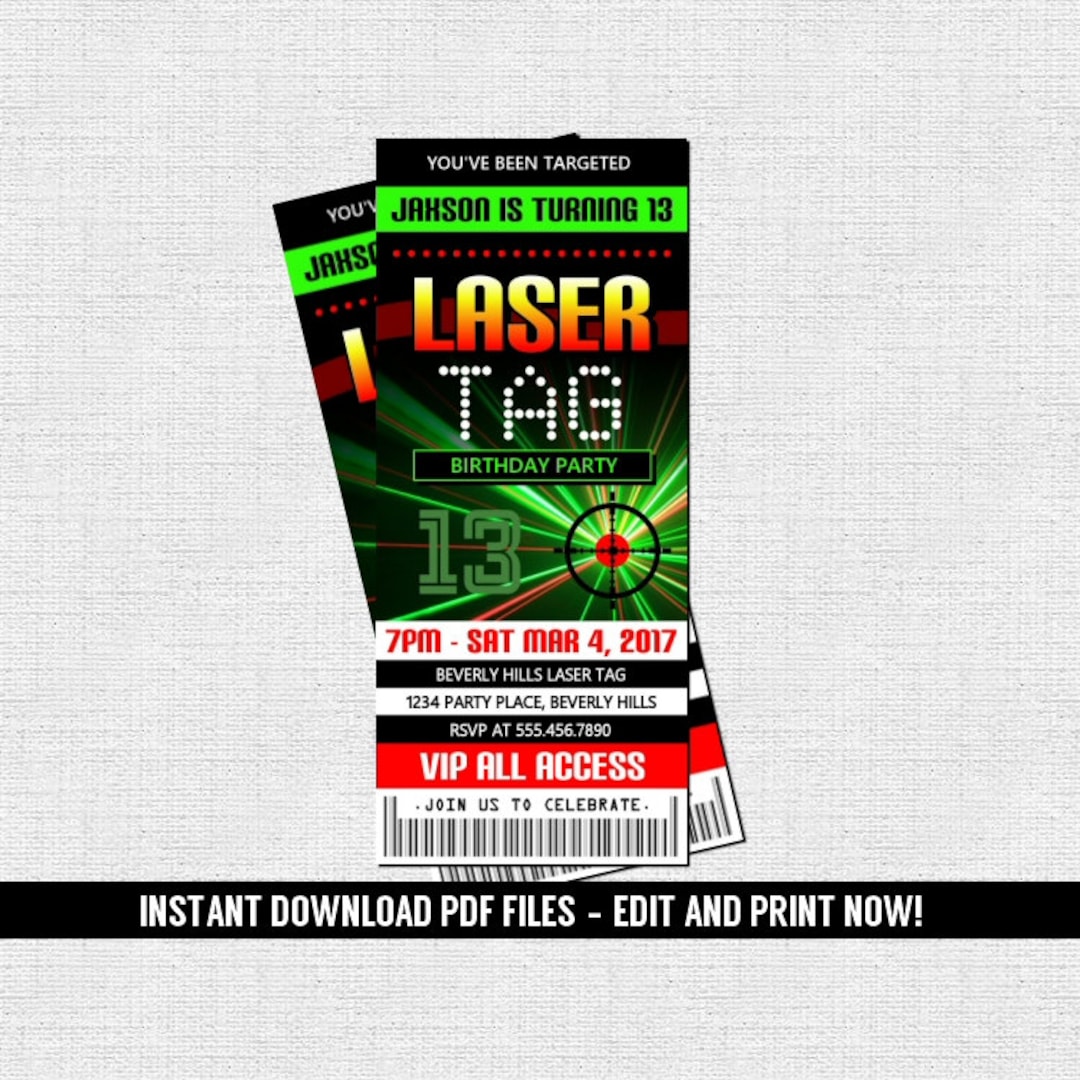 Laser Tag Ticket Invitation Birthday Party instant Download Editable