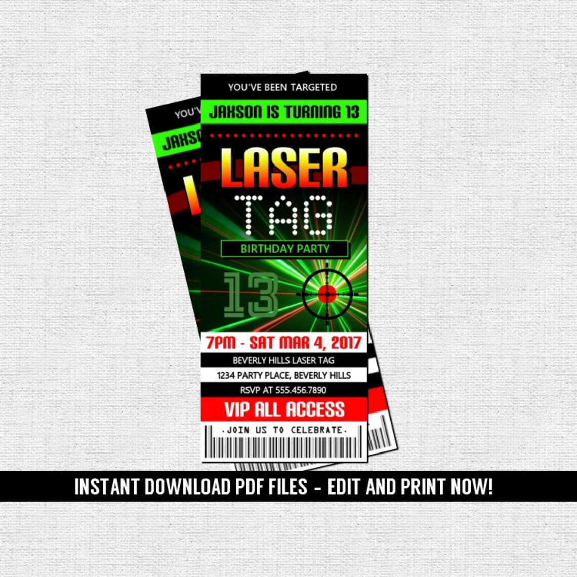 Laser Tag Ticket Invitation Birthday Party instant Download Etsy