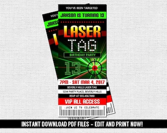 Laser Tag Ticket Invitation Birthday Party (Instant Download) Editable and Printable PDF Files - Glow Lazer Tag