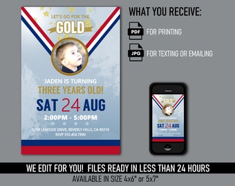 Gymnastics Party Invitation - Printable Digital Files - Mobile Text or Print Invite - Gold Medal Event - Red White Blue