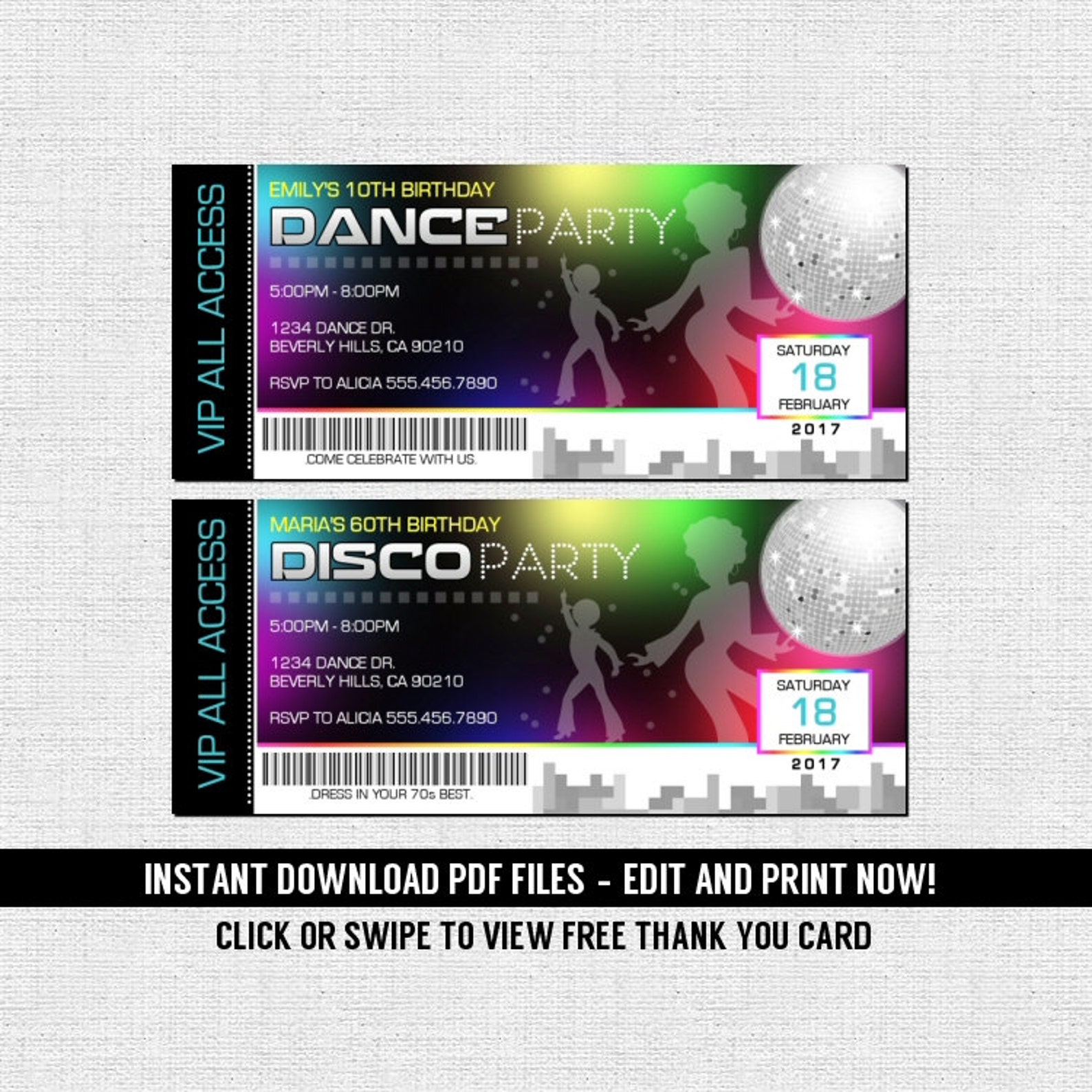 Dance 70's Disco Ticket Invitations Birthday Party Etsy