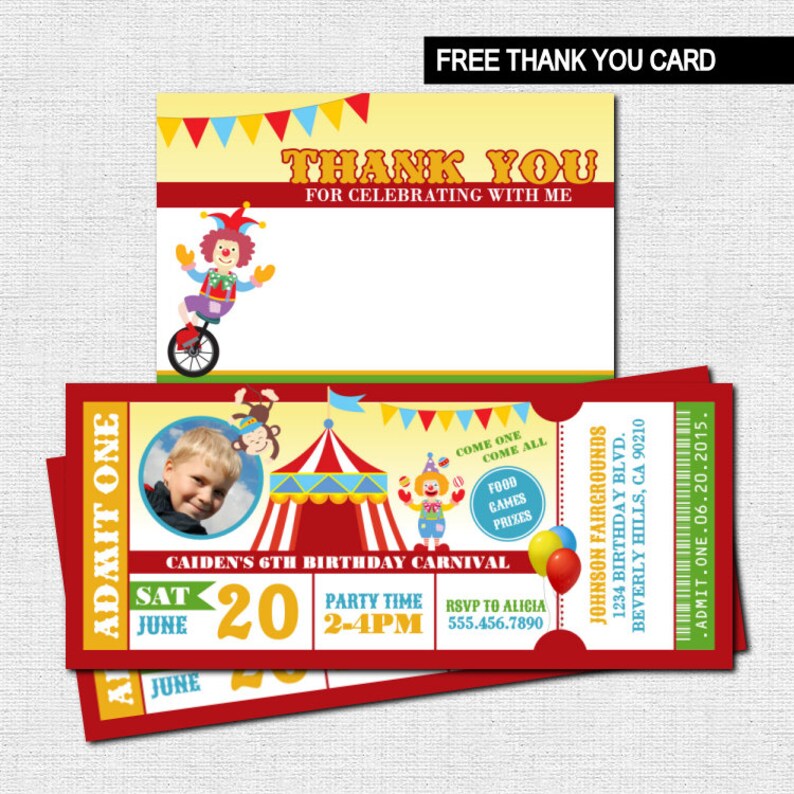 CARNIVAL TICKET INVITATIONS Birthday Circus Party Bonus Etsy