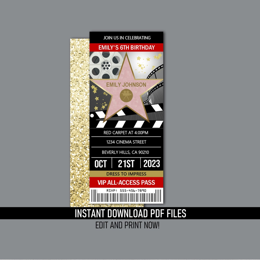 Hollywood Ticket Invitation Red Carpet Movie Birthday Party instant