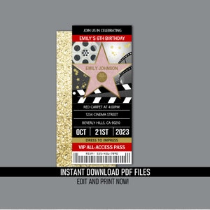 Hollywood Ticket Invitation -  Red Carpet Movie Birthday Party - (Instant Download) Editable and Printable PDF Files