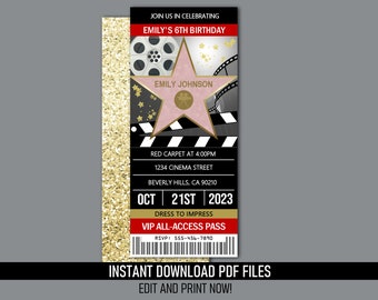 Hollywood Ticket Invitation -  Red Carpet Movie Birthday Party - (Instant Download) Editable and Printable PDF Files