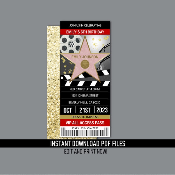 Hollywood Ticket Invitation -  Red Carpet Movie Birthday Party - (Instant Download) Editable and Printable PDF Files