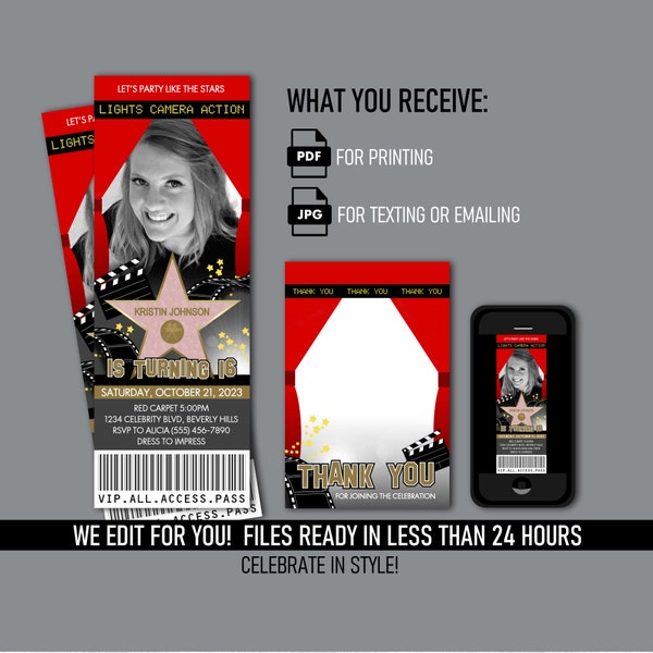 Hollywood Ticket Invitations Red Carpet Party + Thank You Card - Printable Digital Files - Mobile Text or Print Invite - Movie Cinema